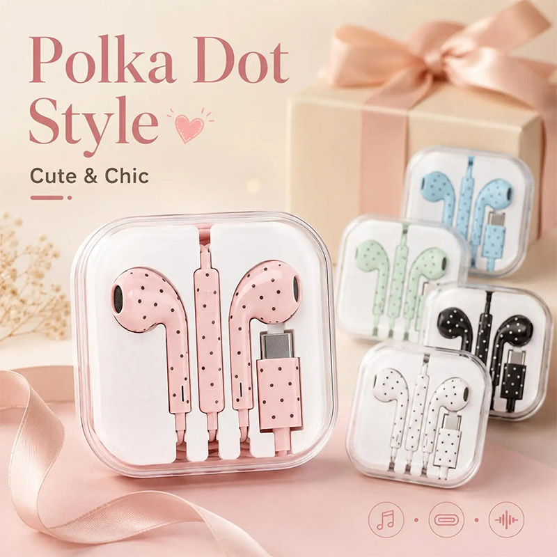Type C Wired Earphones With Mic - Niedliche, mit Polka-Dots versehene kabelgebundene Kopfhörer